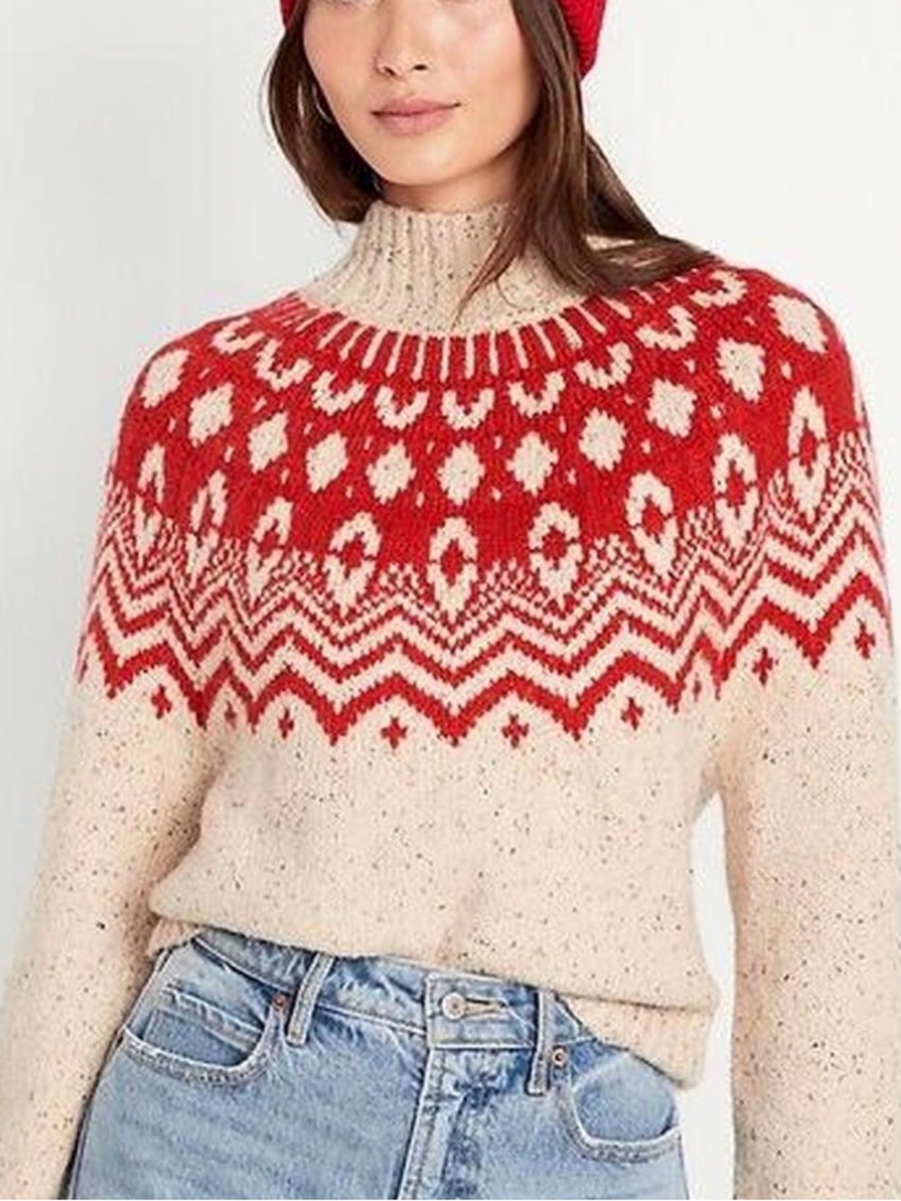 Old Navy Cream and Red Fair Isle Turtleneck Sweater